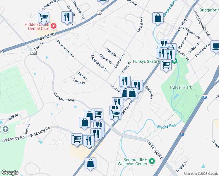 map of restaurants, bars, coffee shops, grocery stores, and more near 47 Pleasant Hill Road in Harrisonburg