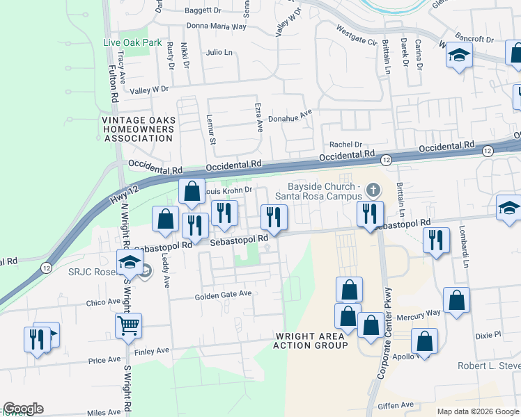 map of restaurants, bars, coffee shops, grocery stores, and more near 3847 Louis Krohn Drive in Santa Rosa
