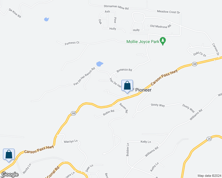 map of restaurants, bars, coffee shops, grocery stores, and more near 23407 California 88 in Pioneer