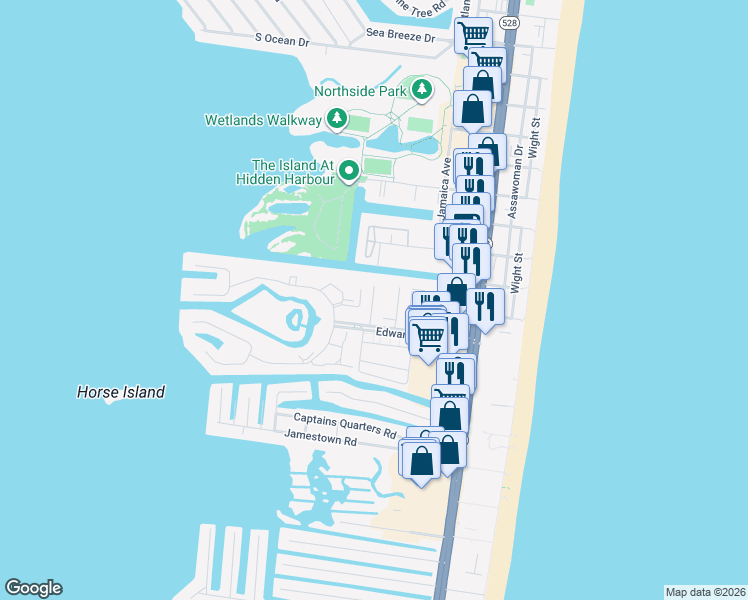 map of restaurants, bars, coffee shops, grocery stores, and more near 108 120th Street in Ocean City