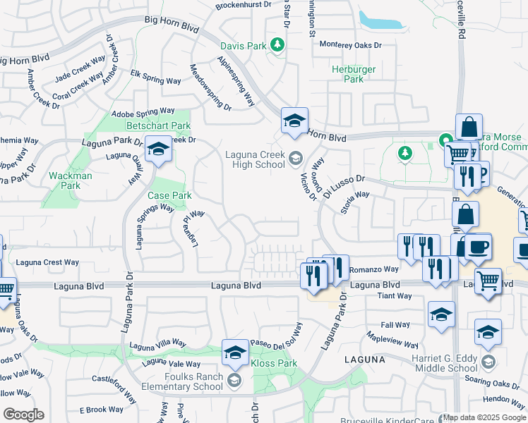 map of restaurants, bars, coffee shops, grocery stores, and more near 6329 Canyon Creek Way in Elk Grove