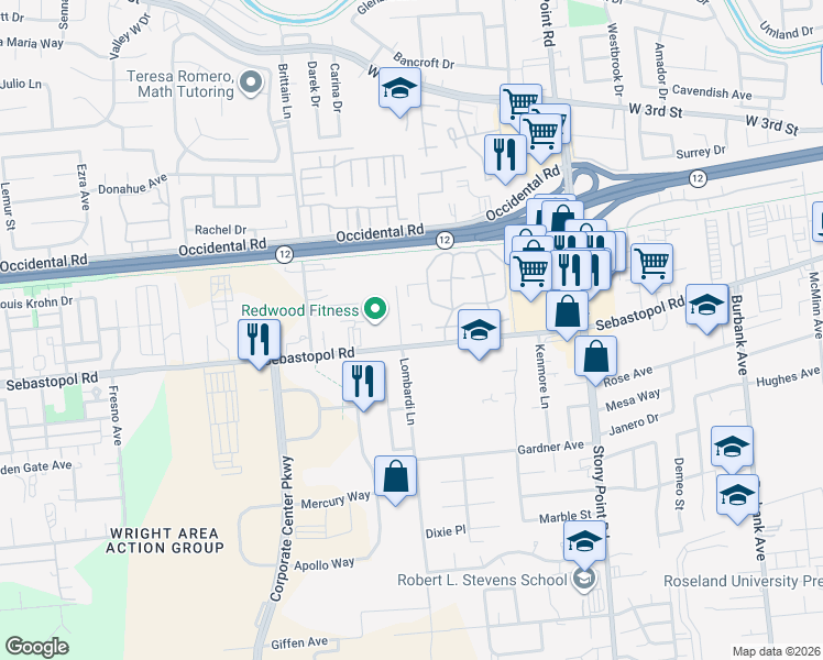 map of restaurants, bars, coffee shops, grocery stores, and more near 2585 Sebastopol Road in Santa Rosa