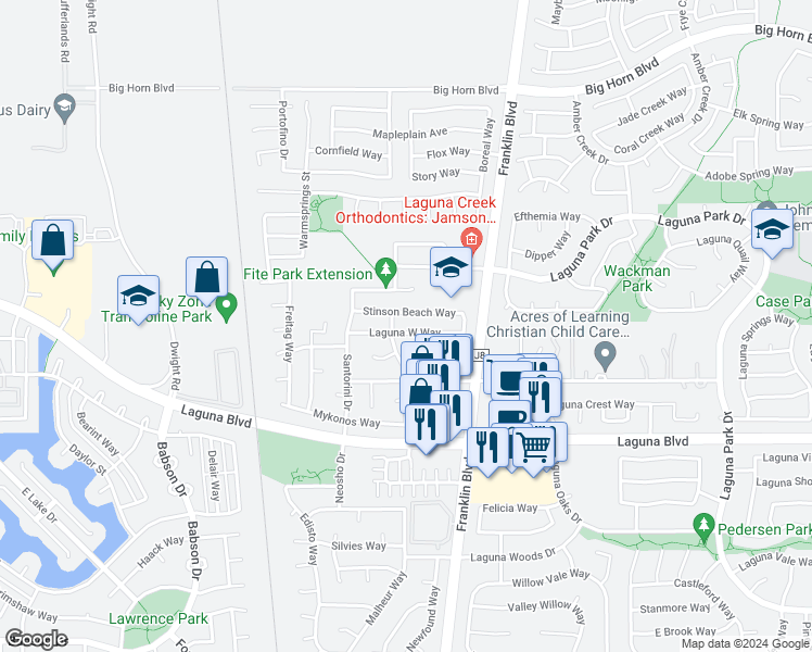 map of restaurants, bars, coffee shops, grocery stores, and more near 4701 Laguna West Way in Elk Grove