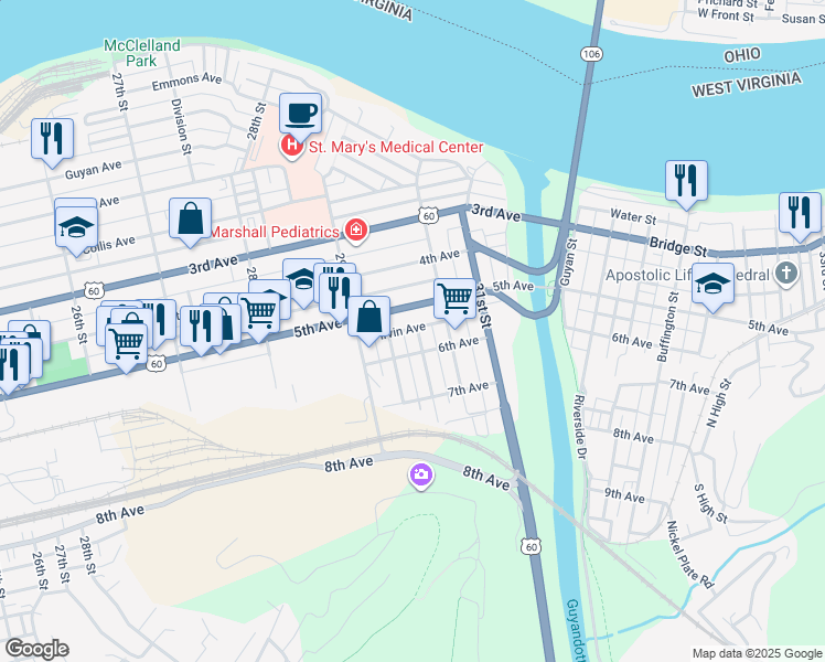 map of restaurants, bars, coffee shops, grocery stores, and more near 521 Baltimore Street in Huntington