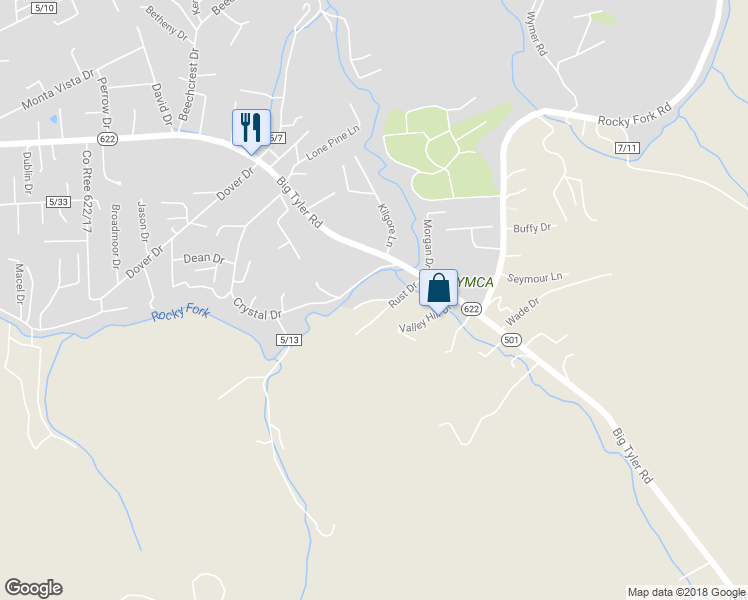 map of restaurants, bars, coffee shops, grocery stores, and more near 5003 Rust Lane in Cross Lanes