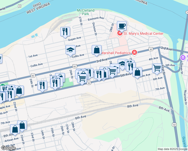 map of restaurants, bars, coffee shops, grocery stores, and more near 2701 4th Avenue in Huntington