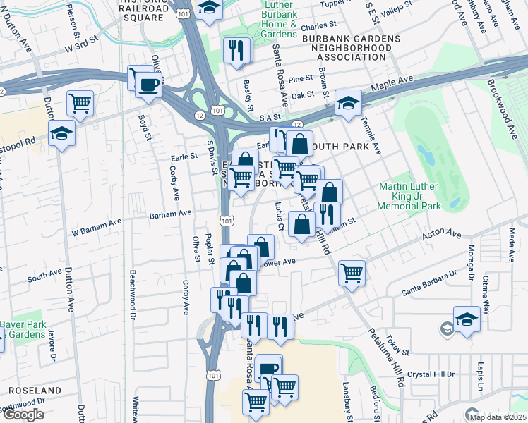 map of restaurants, bars, coffee shops, grocery stores, and more near 540 Barham Avenue in Santa Rosa