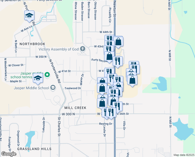 map of restaurants, bars, coffee shops, grocery stores, and more near 312 Baden Strasse in Jasper