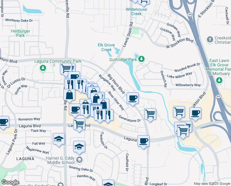 map of restaurants, bars, coffee shops, grocery stores, and more near 9142 Bungalow Way in Elk Grove