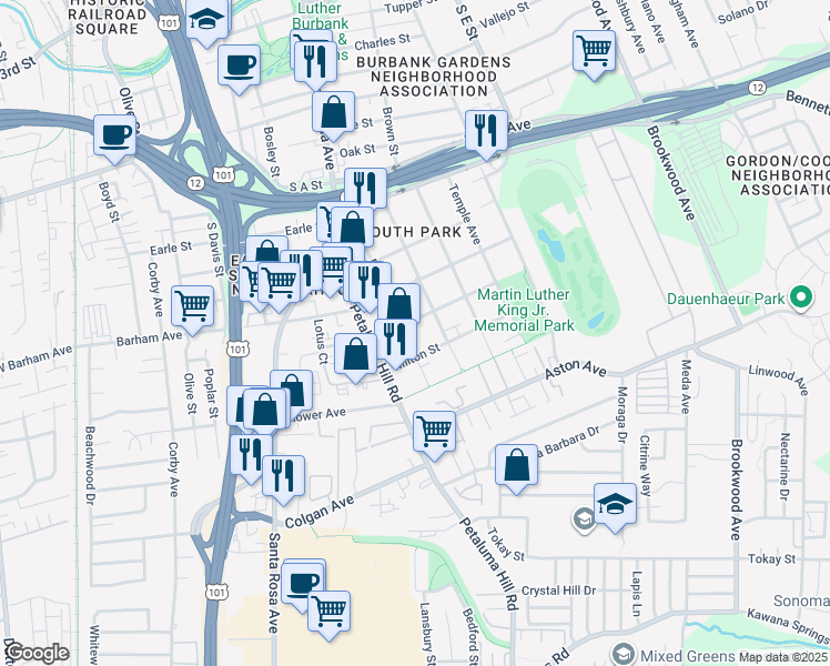 map of restaurants, bars, coffee shops, grocery stores, and more near 1219 Grand Avenue in Santa Rosa