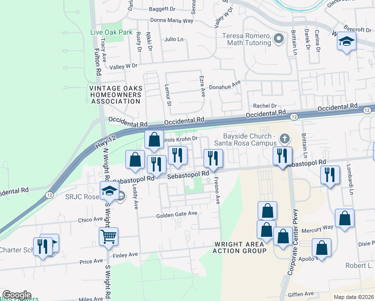 map of restaurants, bars, coffee shops, grocery stores, and more near 922 Billie Jean Street in Santa Rosa