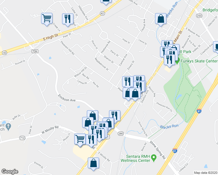 map of restaurants, bars, coffee shops, grocery stores, and more near 47 Pleasant Hill Road in Harrisonburg