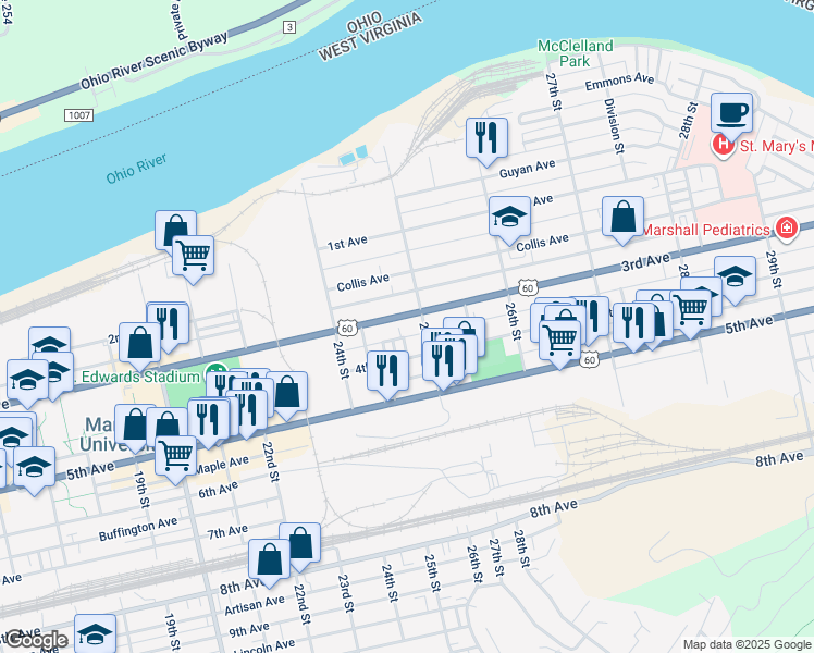 map of restaurants, bars, coffee shops, grocery stores, and more near 2499 3rd Avenue in Huntington