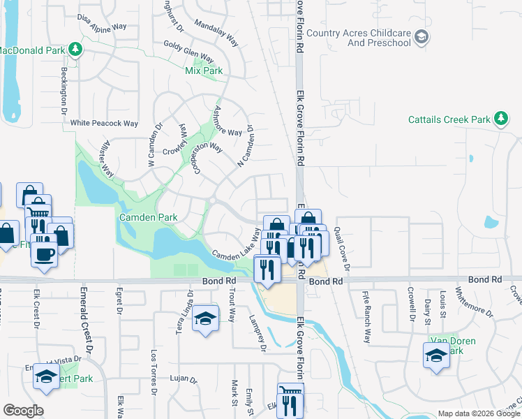 map of restaurants, bars, coffee shops, grocery stores, and more near 8968 Royal Gate Way in Elk Grove