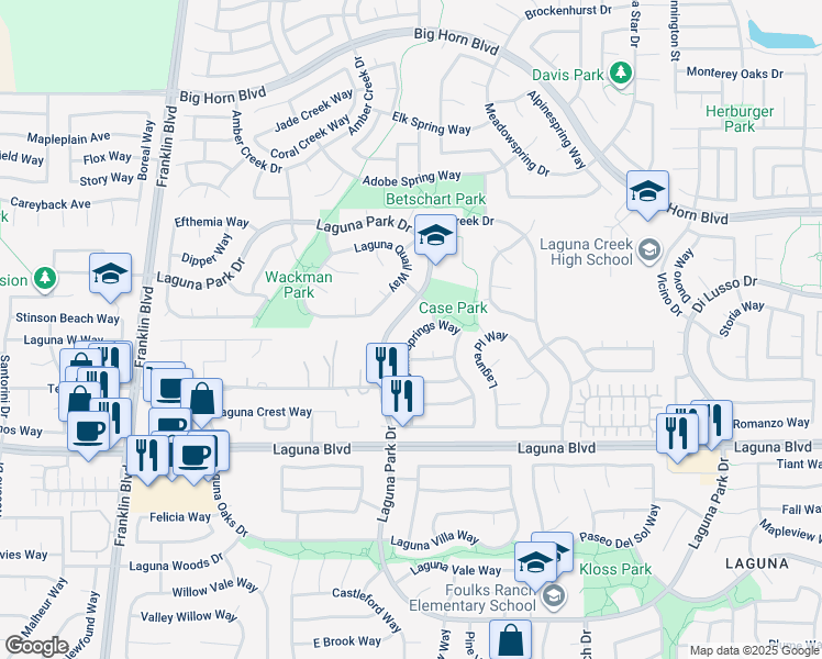 map of restaurants, bars, coffee shops, grocery stores, and more near 9037 Laguna Springs Way in Elk Grove
