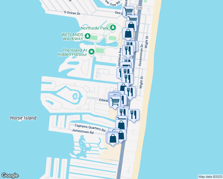 map of restaurants, bars, coffee shops, grocery stores, and more near 104 120th Street in Ocean City