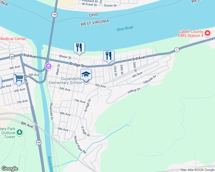map of restaurants, bars, coffee shops, grocery stores, and more near 706 5th Ave in Huntington