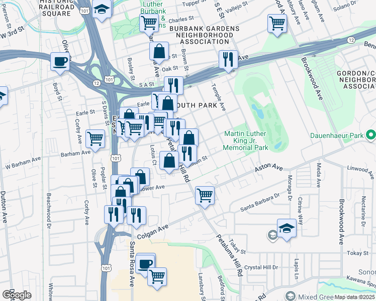 map of restaurants, bars, coffee shops, grocery stores, and more near 624 Frazier Avenue in Santa Rosa