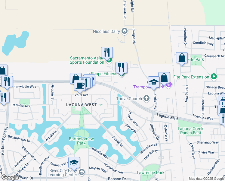 map of restaurants, bars, coffee shops, grocery stores, and more near 9105 Haussman Street in Elk Grove