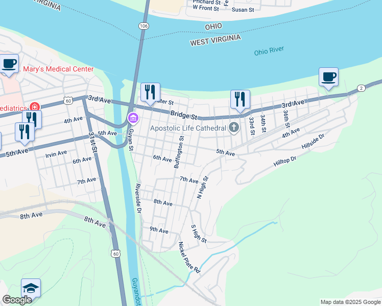 map of restaurants, bars, coffee shops, grocery stores, and more near 308 Buffington St in Huntington