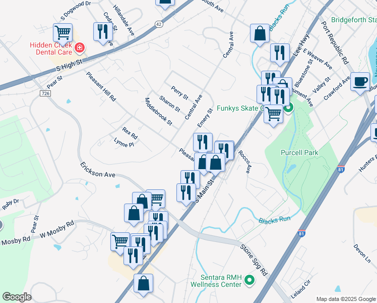 map of restaurants, bars, coffee shops, grocery stores, and more near 22 Emery St in Harrisonburg