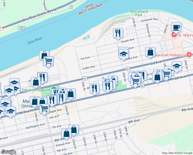 map of restaurants, bars, coffee shops, grocery stores, and more near 2435 3rd Avenue in Huntington