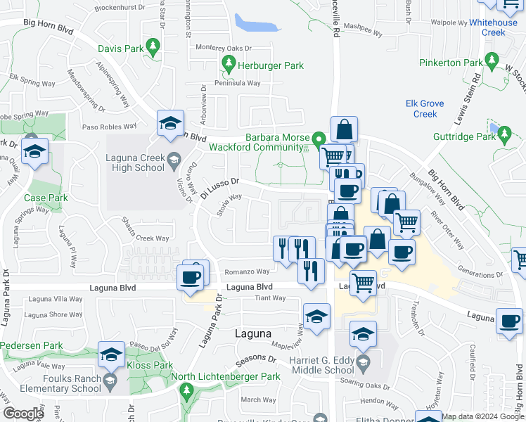 map of restaurants, bars, coffee shops, grocery stores, and more near 7009 Paloma Blanca Court in Elk Grove