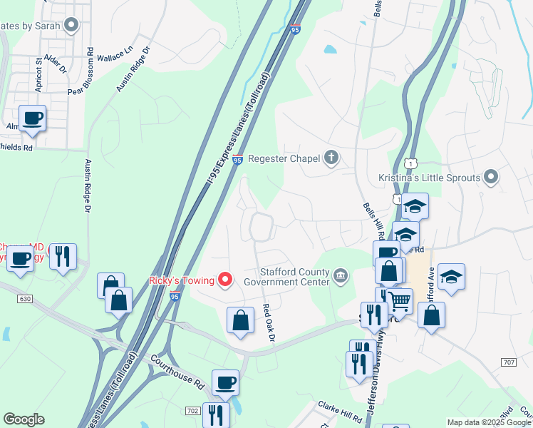 map of restaurants, bars, coffee shops, grocery stores, and more near 12 Bass Drive in Stafford
