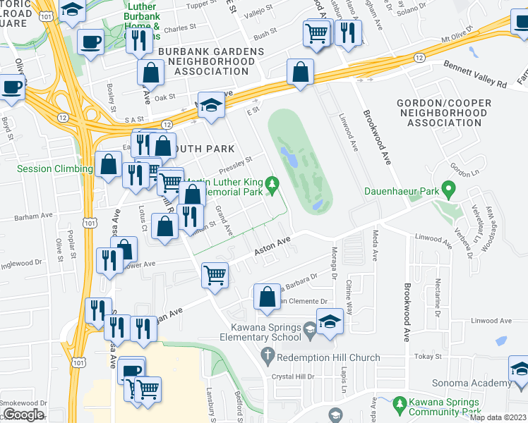 map of restaurants, bars, coffee shops, grocery stores, and more near 1341 Temple Avenue in Santa Rosa