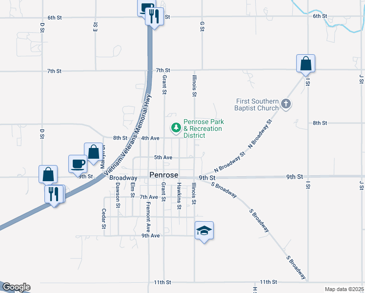 map of restaurants, bars, coffee shops, grocery stores, and more near 406 Hawkins Street in Penrose