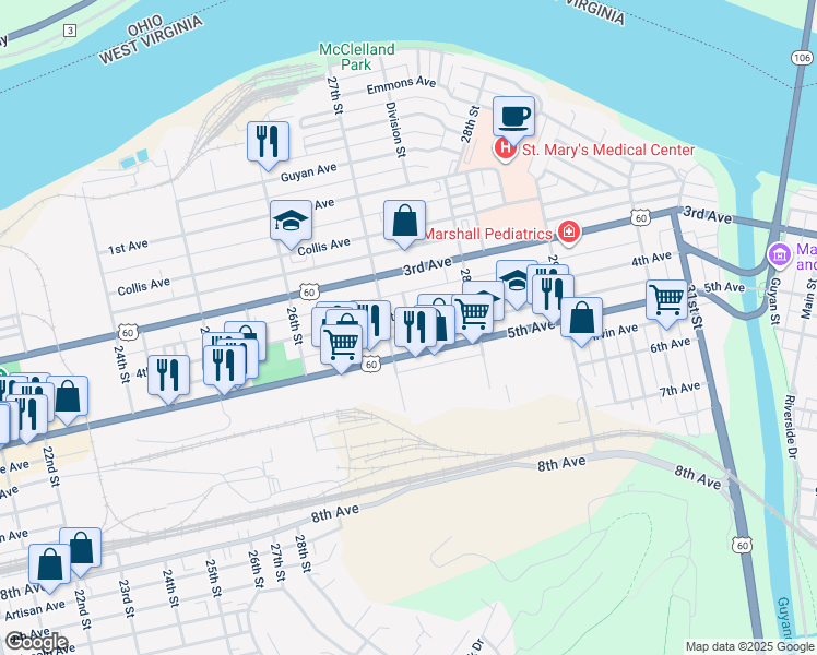 map of restaurants, bars, coffee shops, grocery stores, and more near 2701 4th Avenue in Huntington