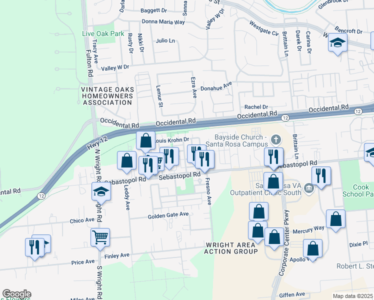 map of restaurants, bars, coffee shops, grocery stores, and more near 922 Billie Jean Street in Santa Rosa
