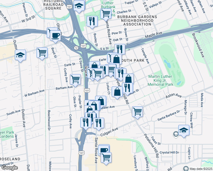 map of restaurants, bars, coffee shops, grocery stores, and more near 540 Barham Avenue in Santa Rosa