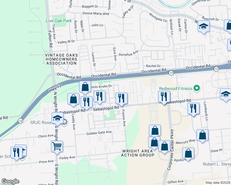 map of restaurants, bars, coffee shops, grocery stores, and more near 3847 Louis Krohn Drive in Santa Rosa