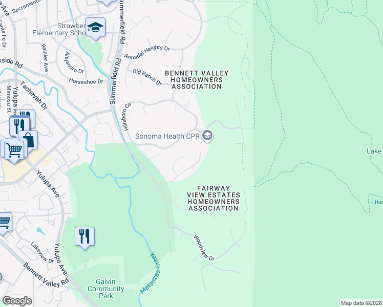 map of restaurants, bars, coffee shops, grocery stores, and more near 3548 Foxwood Place in Santa Rosa