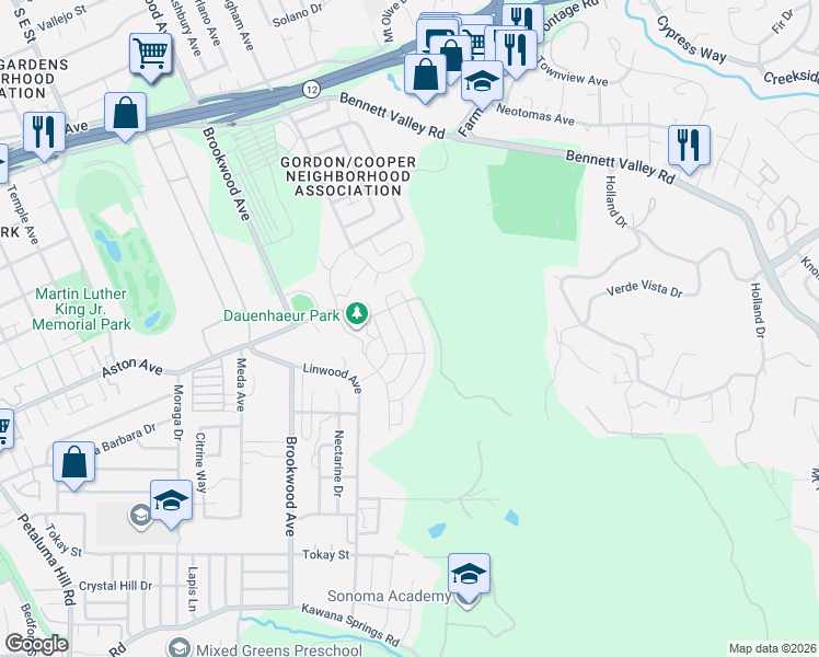 map of restaurants, bars, coffee shops, grocery stores, and more near 1845 Woodsage Way in Santa Rosa