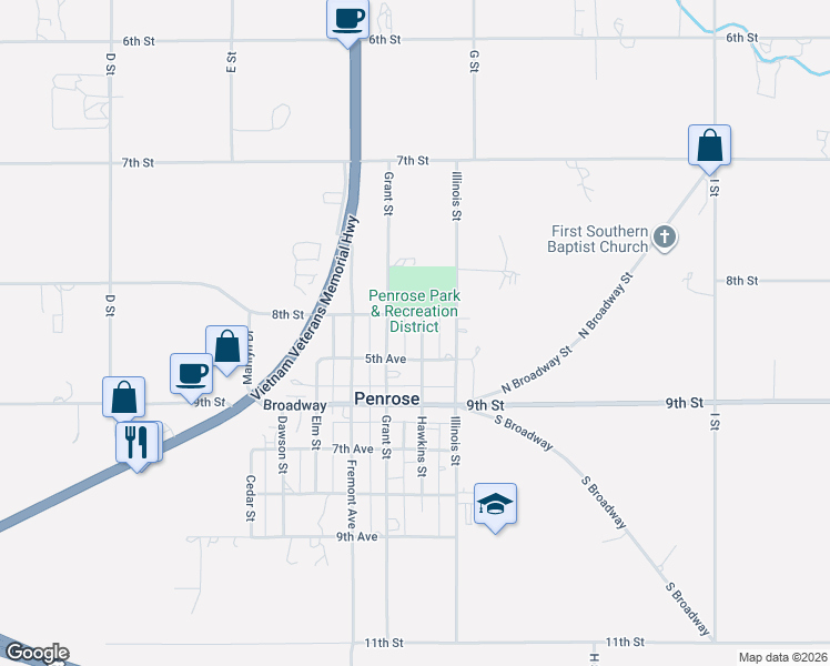 map of restaurants, bars, coffee shops, grocery stores, and more near 405 Hawkins Street in Penrose