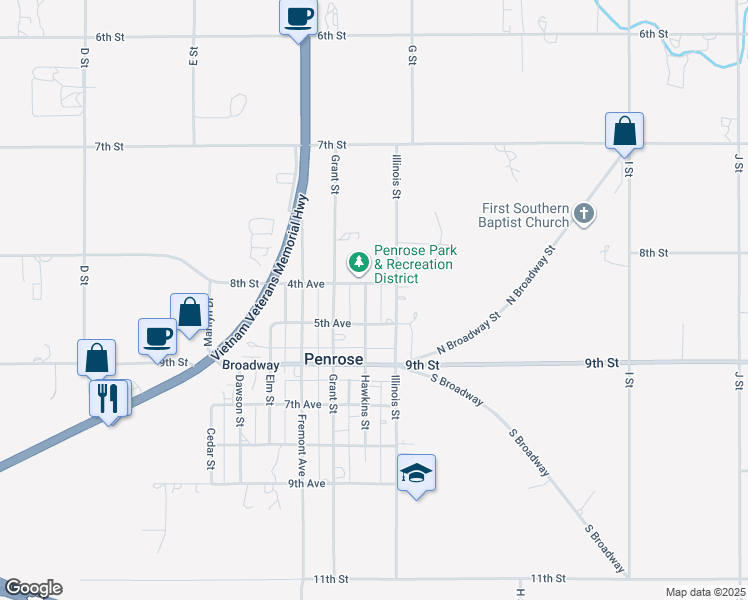 map of restaurants, bars, coffee shops, grocery stores, and more near 406 Hawkins Street in Penrose