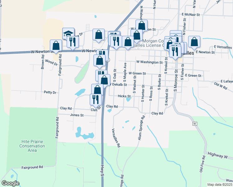 map of restaurants, bars, coffee shops, grocery stores, and more near 701-799 W Hicks St in Versailles