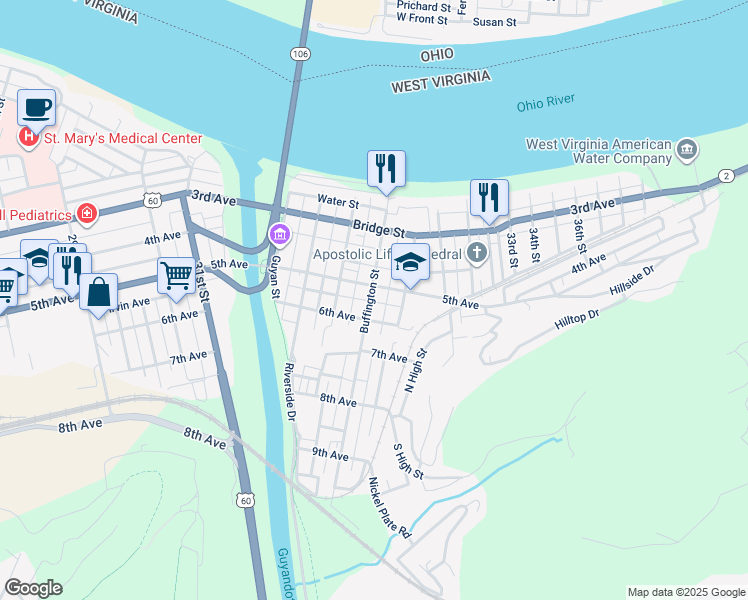 map of restaurants, bars, coffee shops, grocery stores, and more near 308 Buffington Street in Huntington