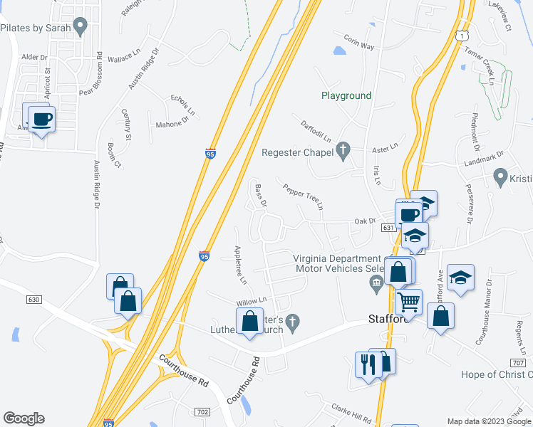 map of restaurants, bars, coffee shops, grocery stores, and more near 46 Davenport Court in Stafford