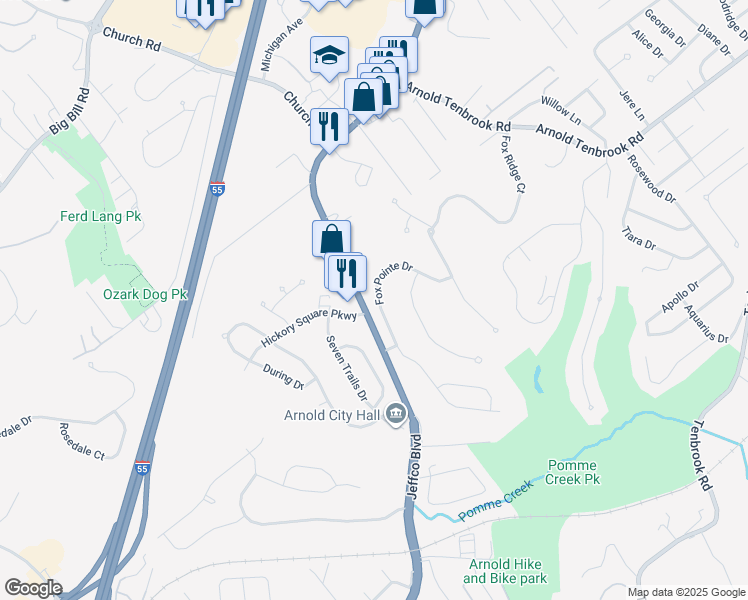 map of restaurants, bars, coffee shops, grocery stores, and more near 1861 Fox Pointe Drive in Arnold