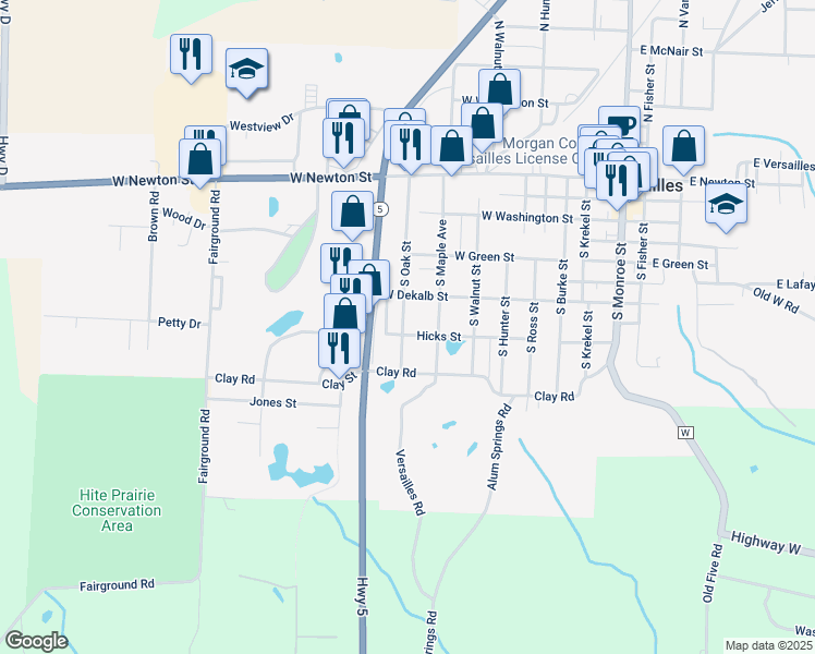 map of restaurants, bars, coffee shops, grocery stores, and more near 701 Hicks Street in Versailles