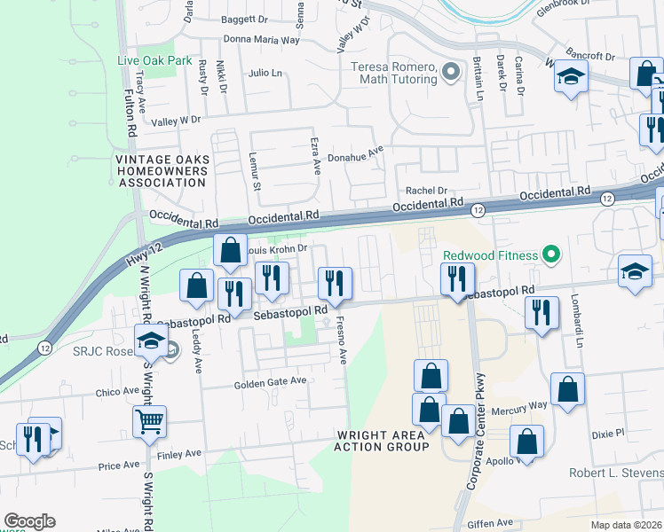 map of restaurants, bars, coffee shops, grocery stores, and more near 3847 Louis Krohn Drive in Santa Rosa