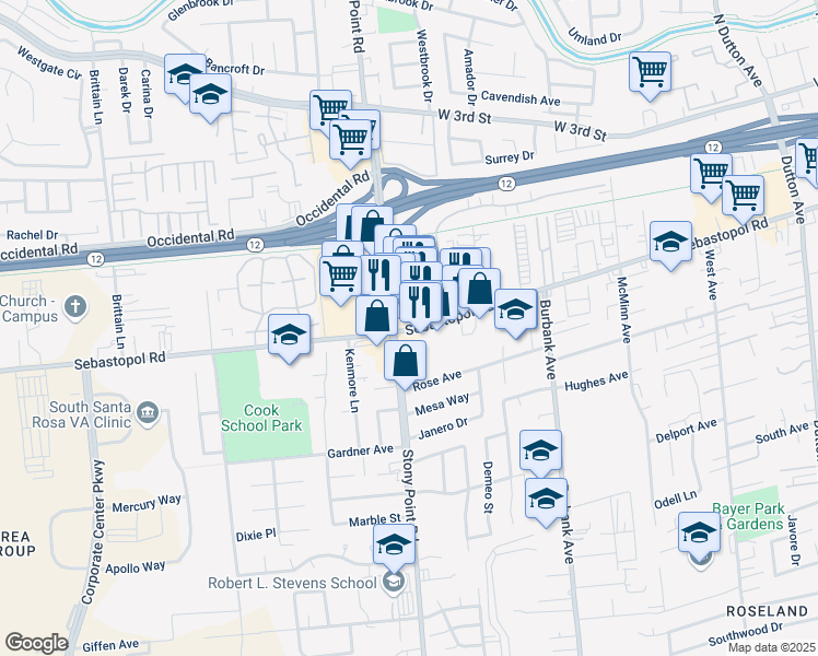map of restaurants, bars, coffee shops, grocery stores, and more near in Santa Rosa