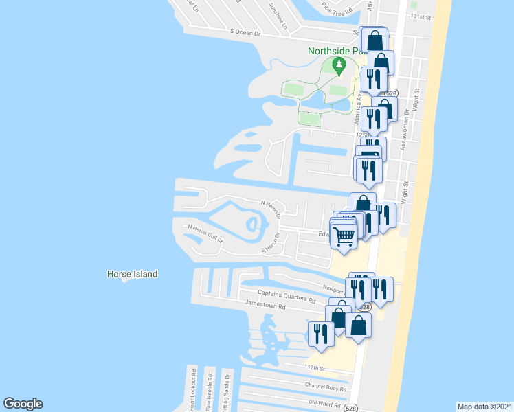 map of restaurants, bars, coffee shops, grocery stores, and more near 207 North Heron Drive in Ocean City