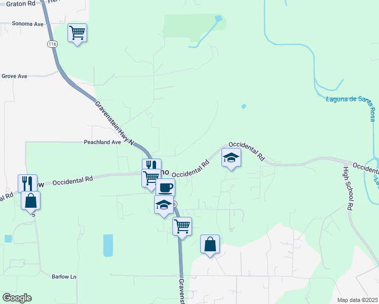 map of restaurants, bars, coffee shops, grocery stores, and more near 7847 Barcaglia Road in Sebastopol