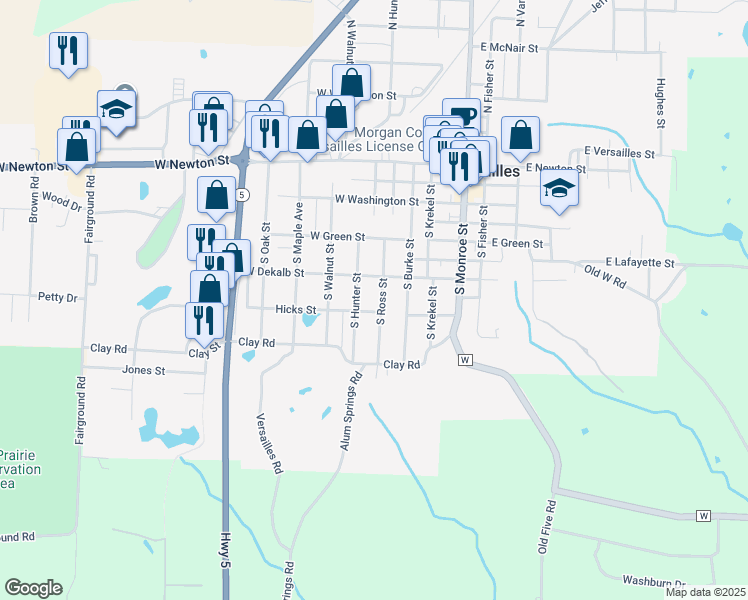 map of restaurants, bars, coffee shops, grocery stores, and more near 407 S Ross St in Versailles