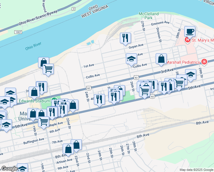 map of restaurants, bars, coffee shops, grocery stores, and more near 2499 3rd Avenue in Huntington