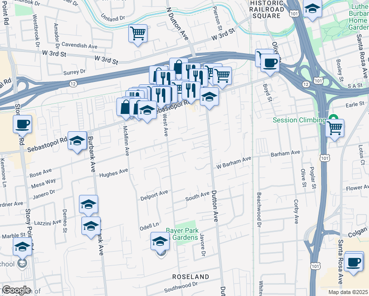map of restaurants, bars, coffee shops, grocery stores, and more near 613 Grandberg Ct in Santa Rosa